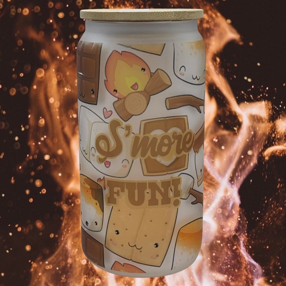 S’more Fun 16oz beer can glass with lid and straw. Clear or frosted. 2 designs! - Picture 2 of 5